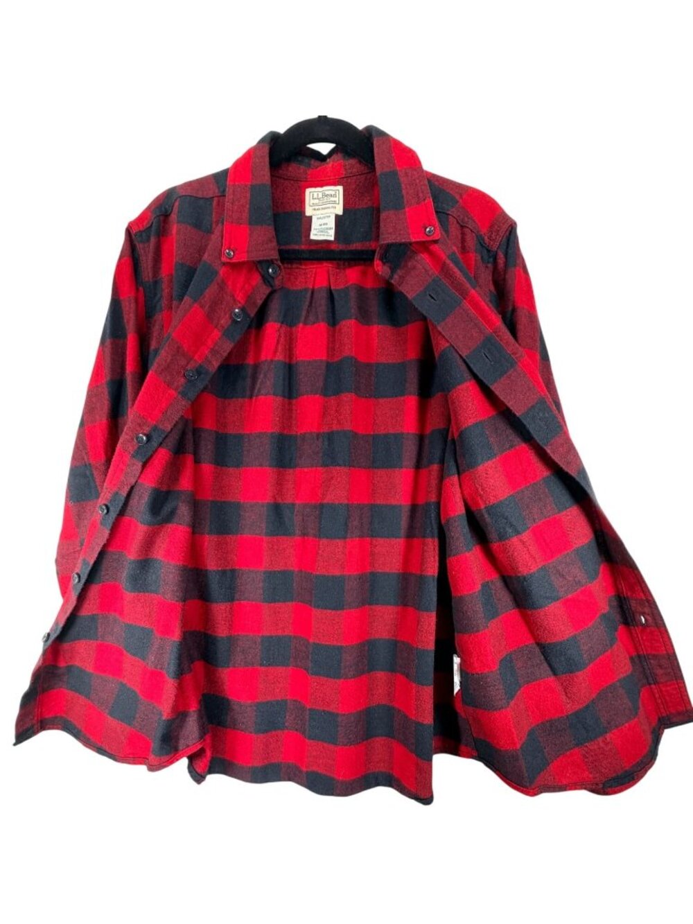 LL Bean Mens Shirt Red Black Flannel Button Down Large Checkered Collar